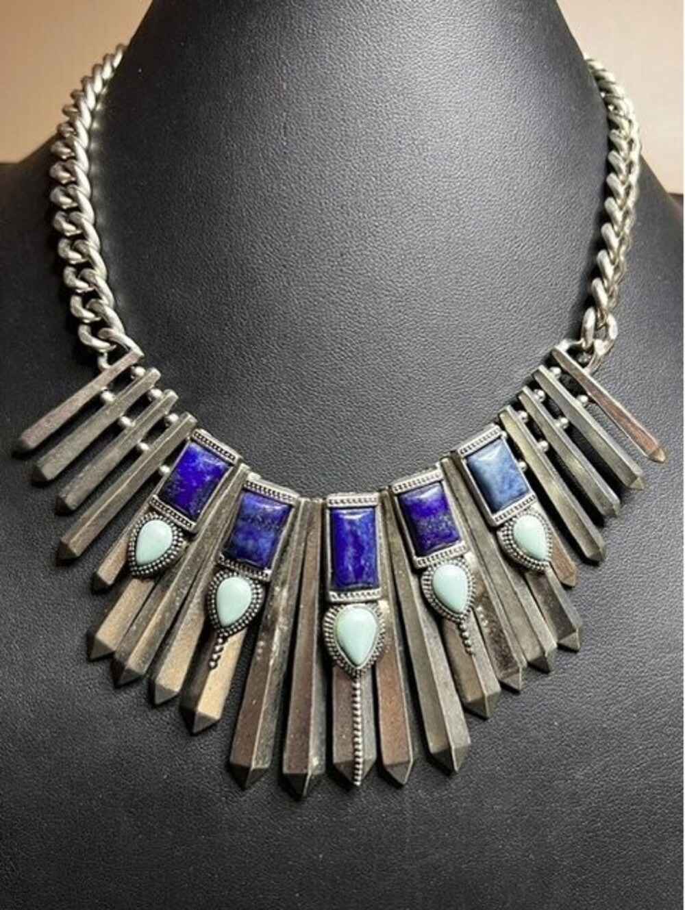 B7276 Statement Bib Necklace Blue Lapis Aqua Stone Geometric Silver Tone 16-19"